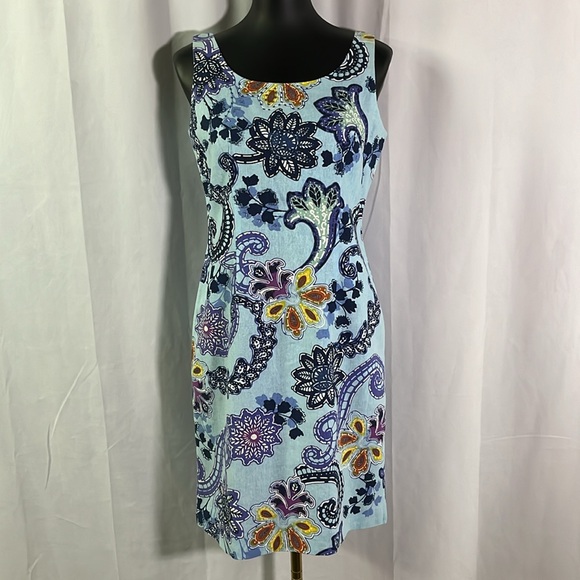 Jessica Howard Blue Colorful Beaded Paisley Print Linen Blend Sheath Dress - Picture 1 of 16